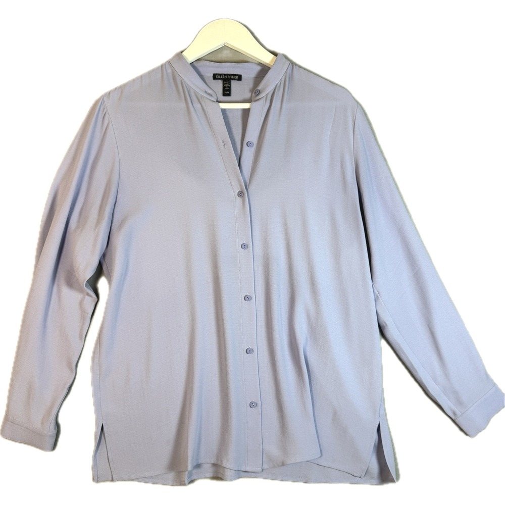 Eileen Fisher Button Front Top Women XS Lavender 100% Silk Long Sleeve